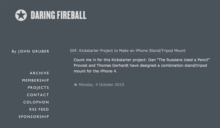 A screenshot of the Glif post on Daring Fireball. The post reads: Count me in for this Kickstarter project: Dan 'The Russians Used a Pencil' Provost and Thomas Gerhardt have designed a combination stand/tripod mount for the iPhone 4.