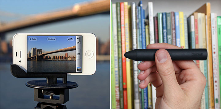 On the left, an iPhone mounted to a tripod with a Glif. On the right, a hand holding a Cosmonaut.