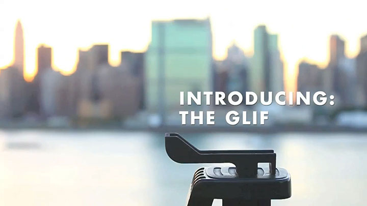 A screenshot from our Glif Kickstarter video, showing a Glif mounted to a tripod with the New York City skyline in the background.